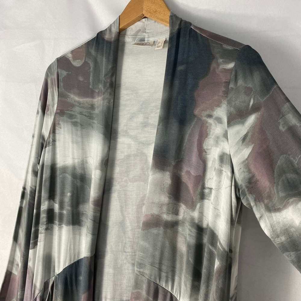 LOGO by Lori Goldstein Boho Watercolor Open Front Pocket Cardigan Women S Gray - Picture 5 of 7